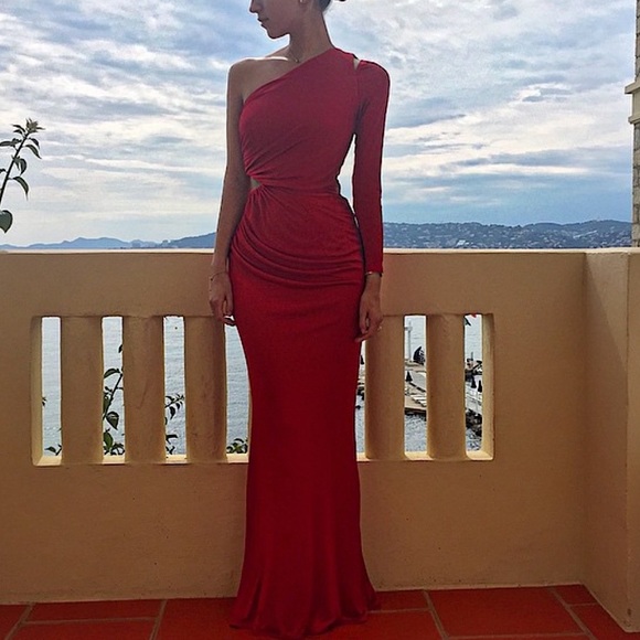Red one shoulder long sleeve maxi dress - Picture 1 of 14